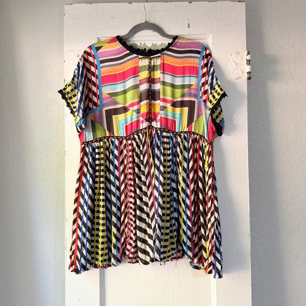Conditions Apply Multi Pattern Boho Babydoll Top Lace Trim Rainbow Small